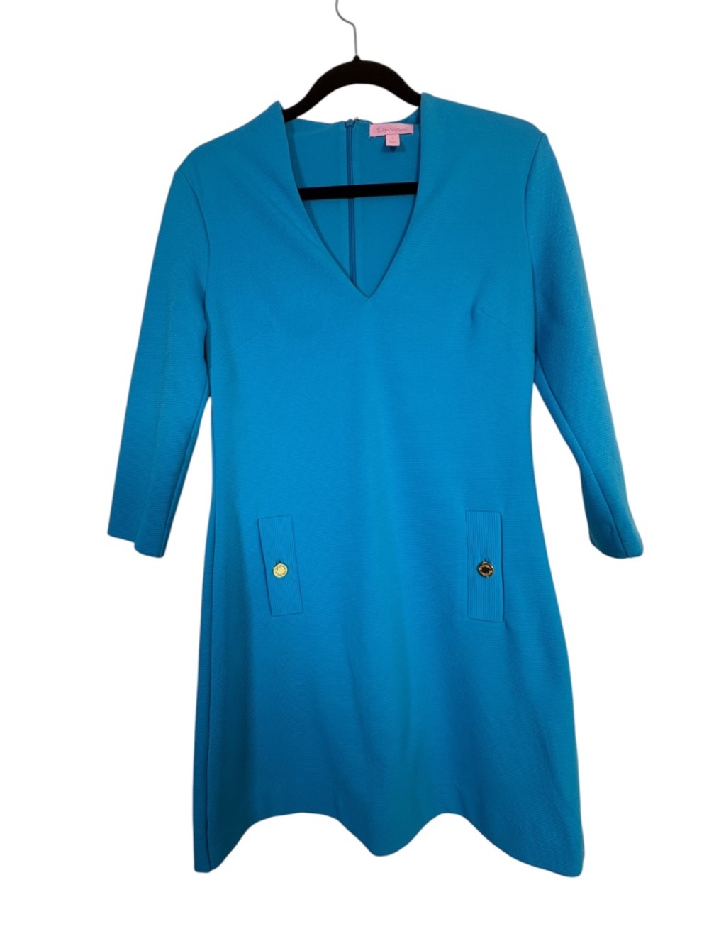 Lilly Pulitzer Blue V-Neck Shift Dress Gold Buttons 3/4 Sleeve Small